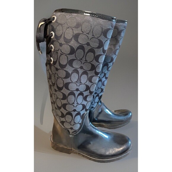 Coach Shoes - COACH Tristee Black Lace-Up Corset Signature Print Logo Rain Rubber Boots 9/EU39